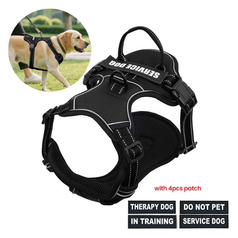 No Pull Dog Harness - ナイロン製調節可能ドッグハーネス、引っ張り防止ドッグハーネスベスト、4個のドッグパッチ付き、小型犬・中型犬・大型犬用反射ペットハーネス