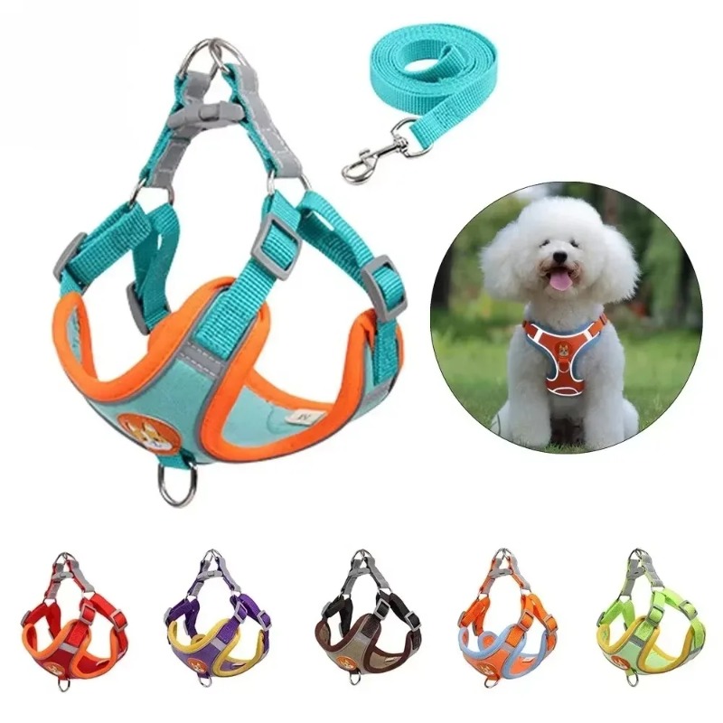 No Pull Dog Harness - ノープルペット犬用ハーネスリーシュセット、調節可能な子犬猫用ハーネスベスト、反射材付きウォーキングリードリーシュ、小型犬チワワ用