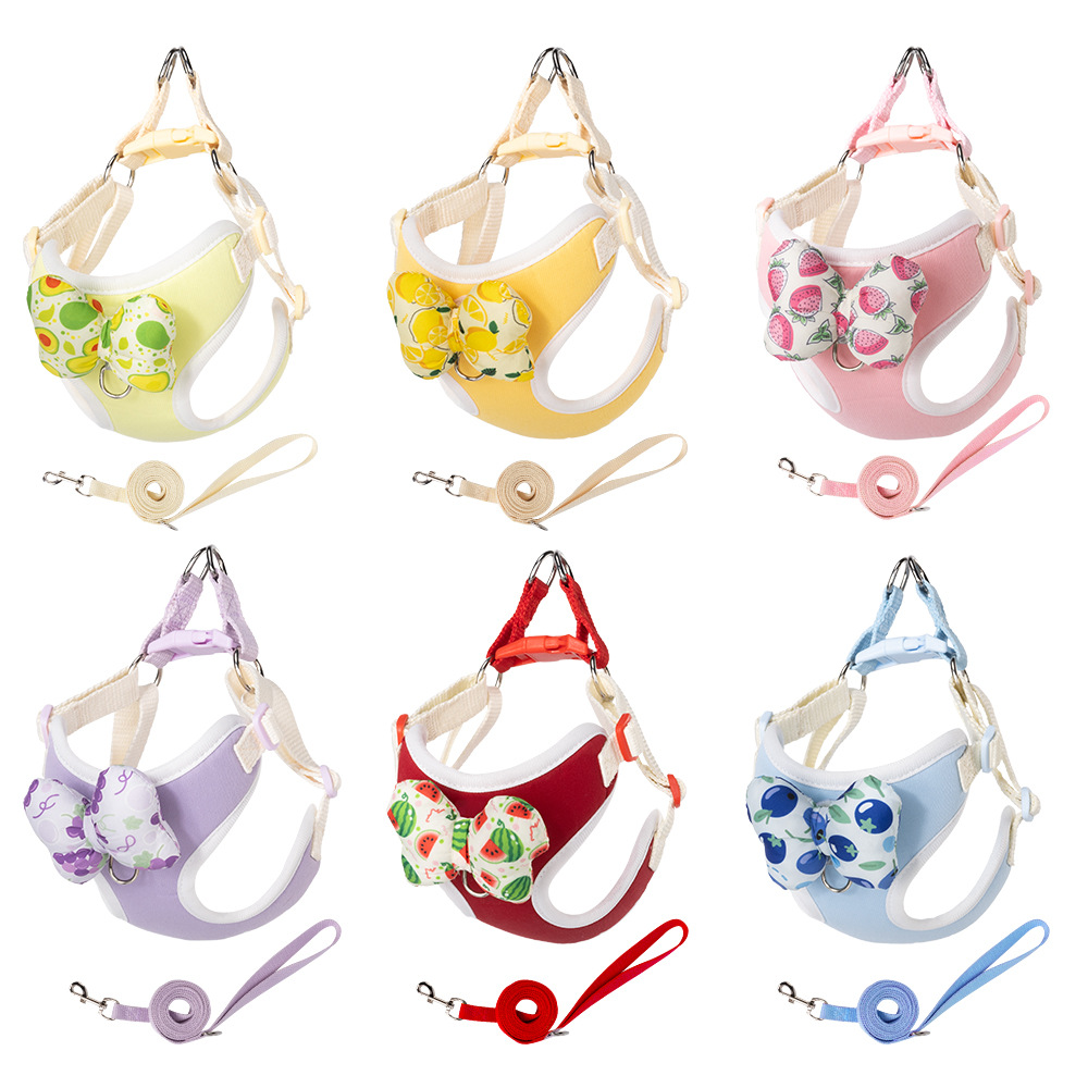 No Pull Dog Harness - 2026年新作ハーネスリーシュセット、フルーツプリント、ノープルステップインハーネス（取り外し可能なリボン付き）、反射素材入り屋外用犬用リーシュ（小型犬用）